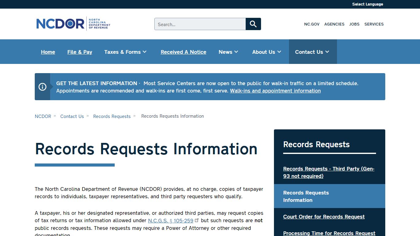Records Requests Information | NCDOR
